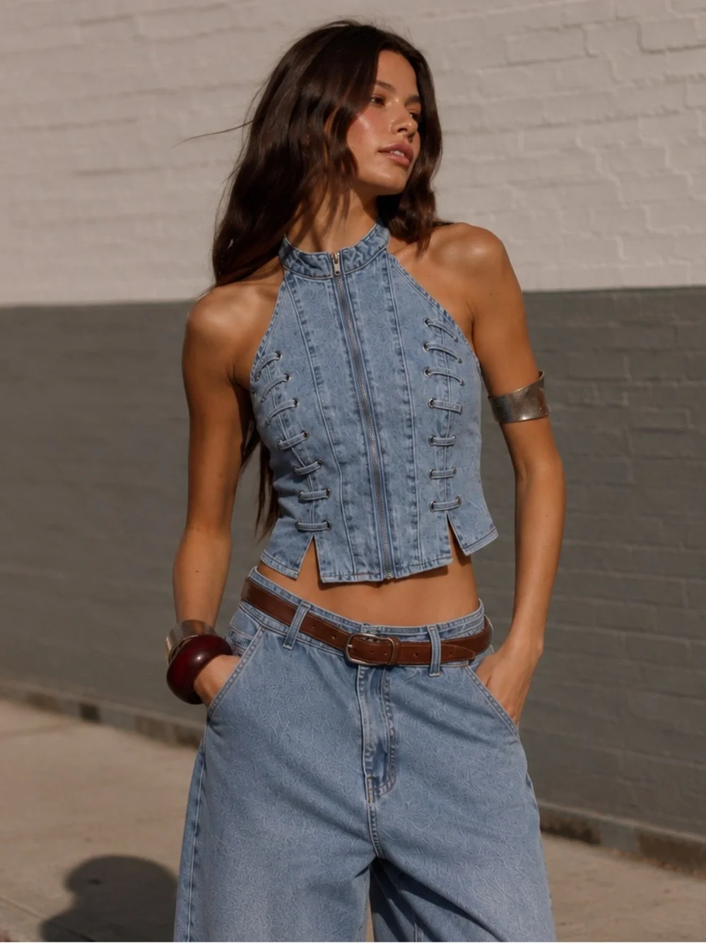 Denim Lace-Up Halter Crop Top - Light Blue - Picture 1 of 6